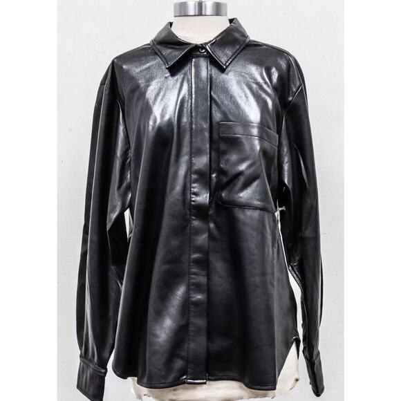 Good American Shirt FAUX LEATHER Womens BLACK Size L - Picture 2 of 5